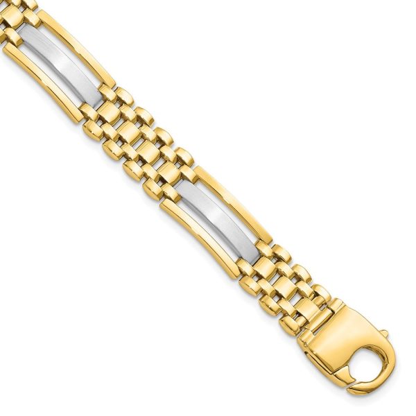 Men s 9.25mm 14k Two Tone Gold Polished & Satin Link Bracelet, 8.5 In For Discount