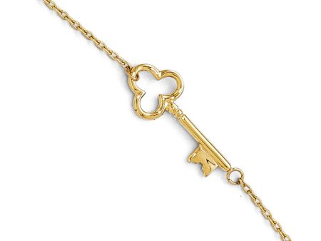 14k Yellow Gold Polished Shamrock Key Anklet, 9-10 Inch For Cheap