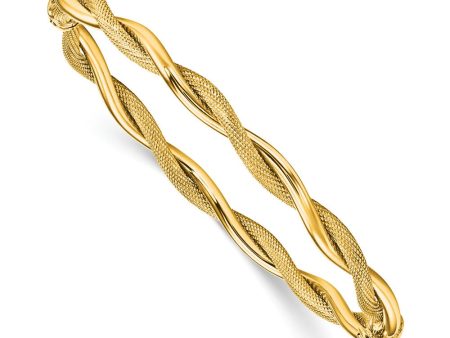 5mm 14k Yellow Gold Polished & Textured Twist Hinged Bangle Bracelet For Sale