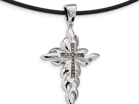 Two Tone Sterling Silver Flaming Diamond Cross & Rubber Cord Necklace For Cheap