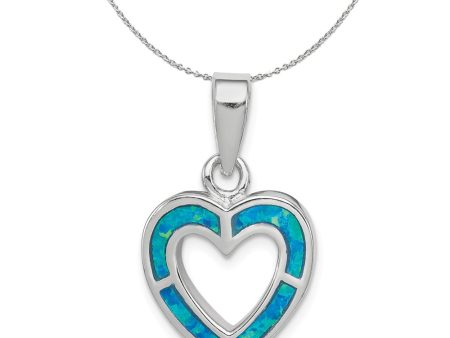 Sterling Silver and Created Blue Opal Open Inlay Heart 15mm Necklace For Discount