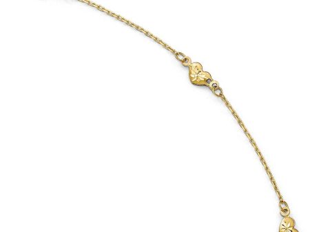 14k Yellow Gold Brushed And Diamond-Cut Heart Station Anklet, 9-10 In For Sale