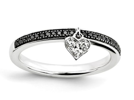 Sterling Silver 4mm Dangle Heart, Black & White Diamond Stackable Ring Discount