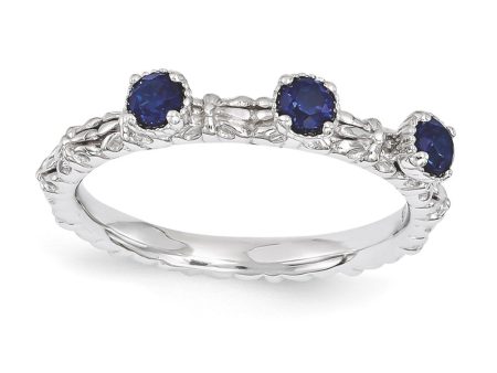 Sterling Silver Stackable Created Sapphire Round Three Stone Ring For Cheap