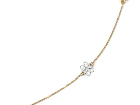 14k Two Tone Gold Polished Flower Station Anklet, 10-11 Inch Hot on Sale