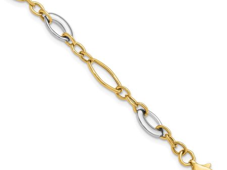 14k Two Tone Gold 6mm Polished Oval Link Chain Bracelet, 7.25 Inch For Sale