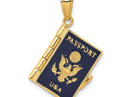 14k Yellow Gold and Navy Blue Enamel 3D Passport USA Pendant Online Sale