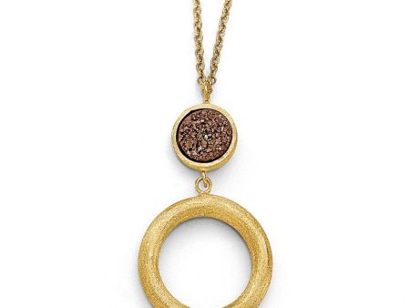 14k Yellow Gold Brown Druzy Disc & Open Circle Drop Necklace, 17 Inch on Sale