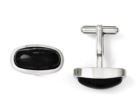 Men s Black Agate Cabochon and Stainless Steel Oval Cuff Links Online now