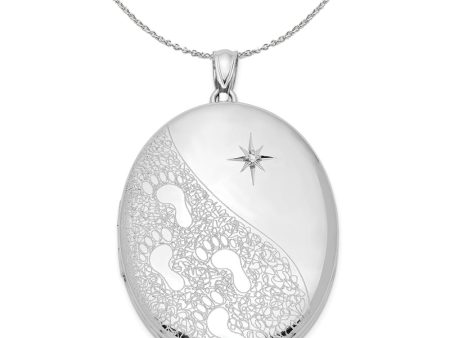 34mm Footprints and Diamond Star Oval Silver Locket Necklace Cheap