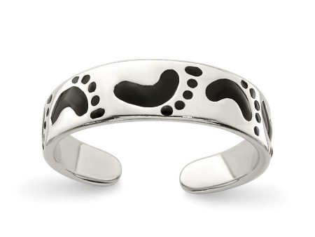 Black Enameled Footprints Toe Ring in Sterling Silver Hot on Sale