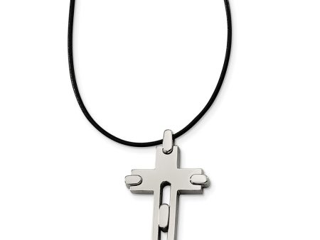 Titanium Cross and Black Leather Cord Necklace 18 Inch Fashion